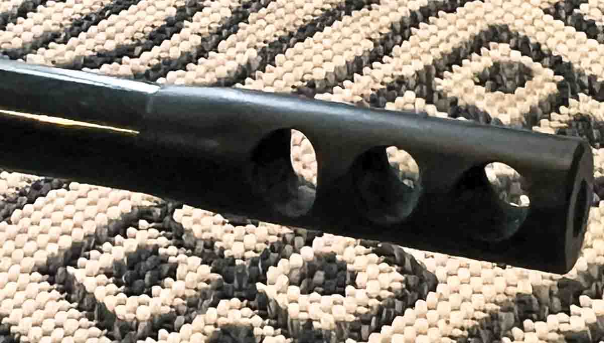 A three-port brake from Bench Mark barrels was installed and worked great. While the recoil is light, the brake allows the shooter to self-spot hits or misses.